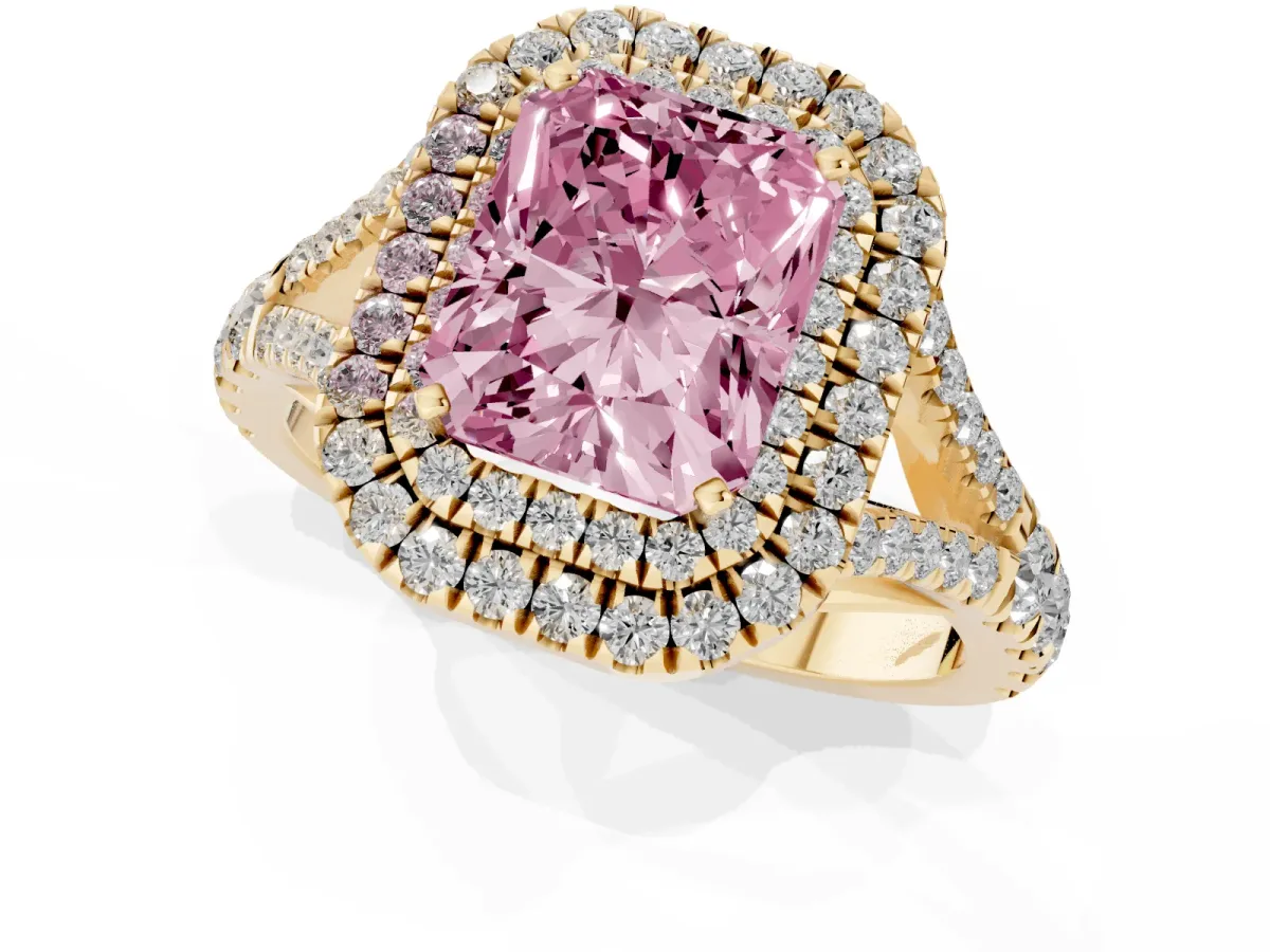 Fancy Pink Radiant Cut Diamond Double Halo Ring with Split Shank and Prong Setting Yellow gold