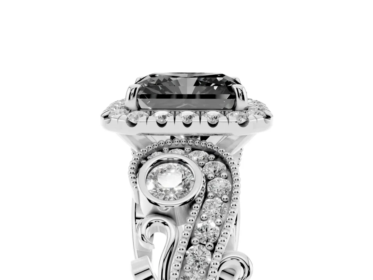 Fancy Black Radiant Cut Halo Diamond Ring with Milgrain and Bezel Accents on a Split Shank Band Silver