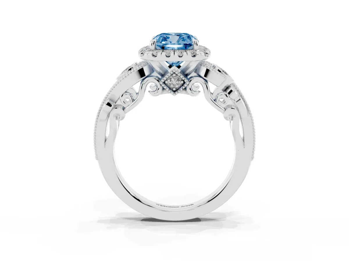 Fancy Blue Cushion Cut Diamond Halo Ring with Milgrain Pavé Band and Four-Prong Setting Platinum