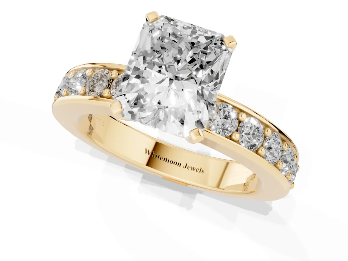 Radiant Cut Diamond Engagement Ring with Channel Set Round Band and Prong Setting Yellow gold