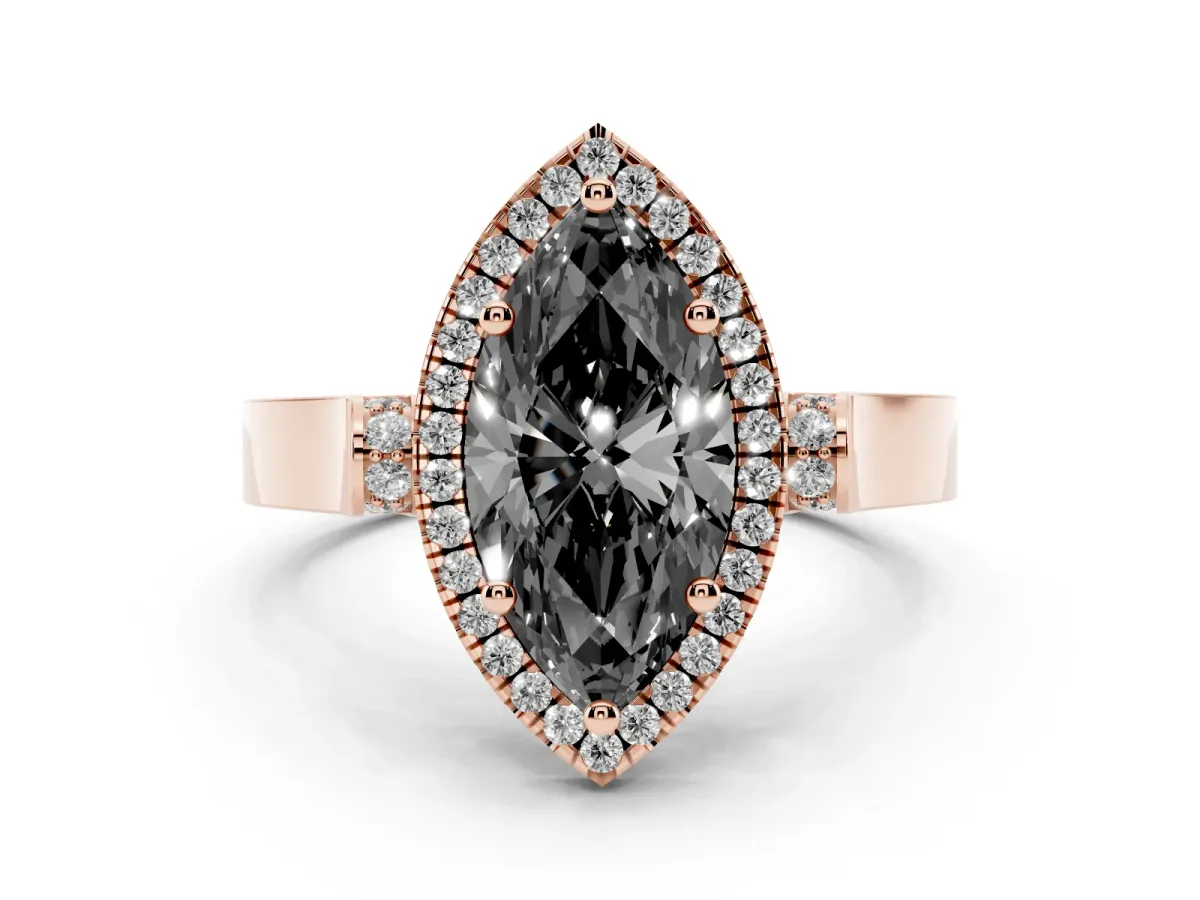 Fancy Black Marquise Cut Halo Round Diamond Twist Band with Four-Prong Setting Rose gold