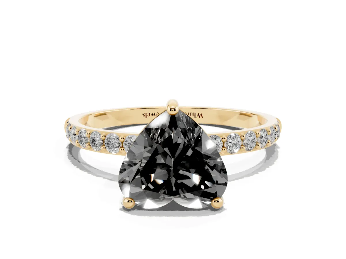 Fancy Black Heart Cut Diamond Solitaire Ring with Round Pavé Band and Prong Setting Yellow gold
