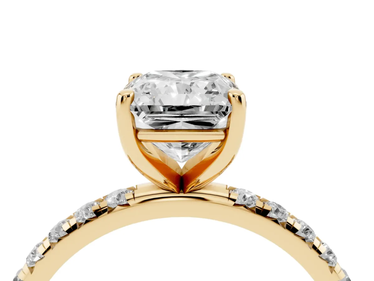 Radiant Cut Cut Diamond Solitaire Ring with Micro Pave Band and Four Prong Setting Yellow gold