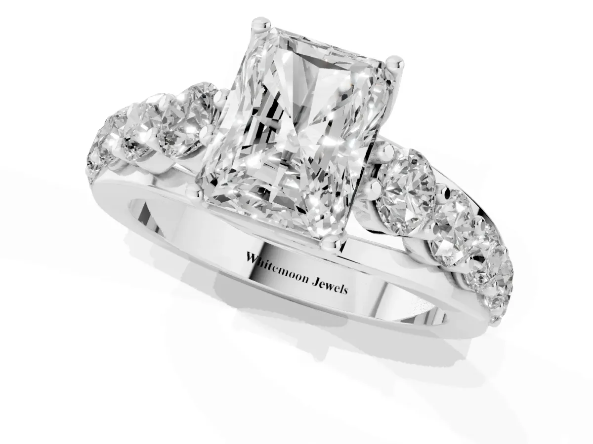 Radiant Cut Diamond Engagement Ring with Pavé Band and Four-Prong Setting Silver