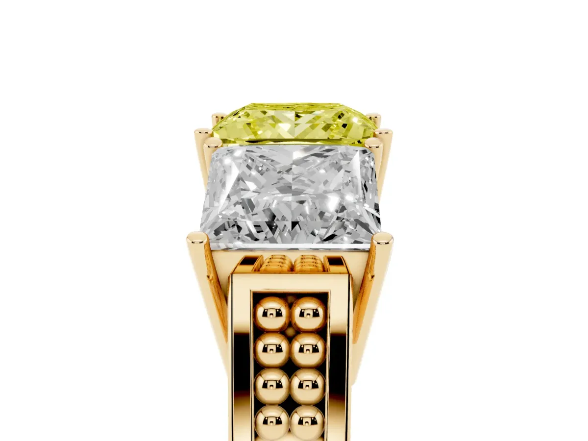 Fancy Yellow Princess Cut Diamond Three-Stone Ring with Prong Setting and Textured Band Yellow gold