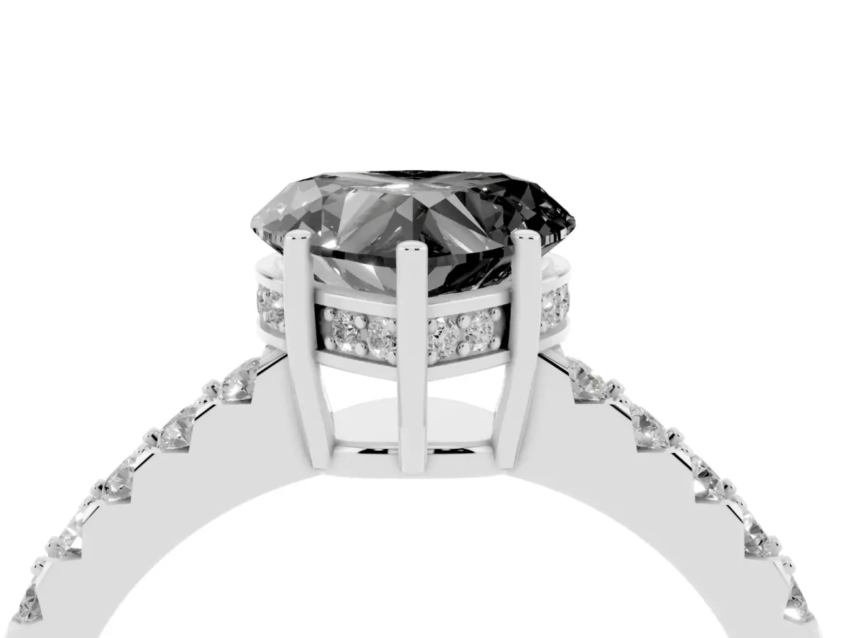 Fancy Black Heart Cut Solitaire Diamond Engagement Ring with Pavé Band and Six-Prong Setting Silver