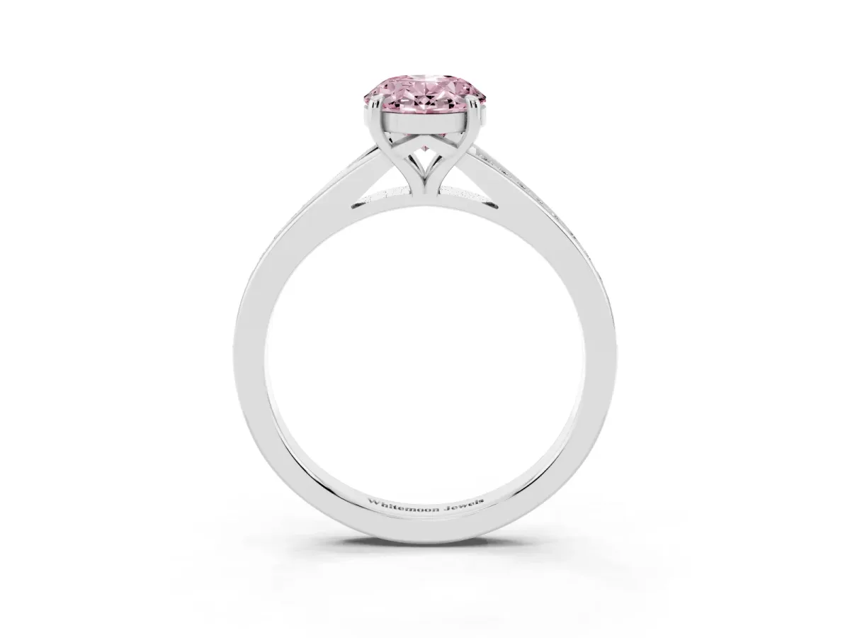 Fancy Pink Oval Cut Diamond Solitaire Ring with Pavé Band and Prong Setting Silver