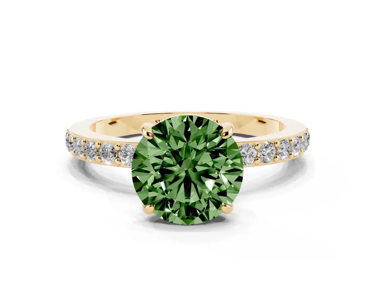 Fancy Green Round Cut Diamond Pavé Engagement Ring with Round Accents and Prong Setting Yellow gold