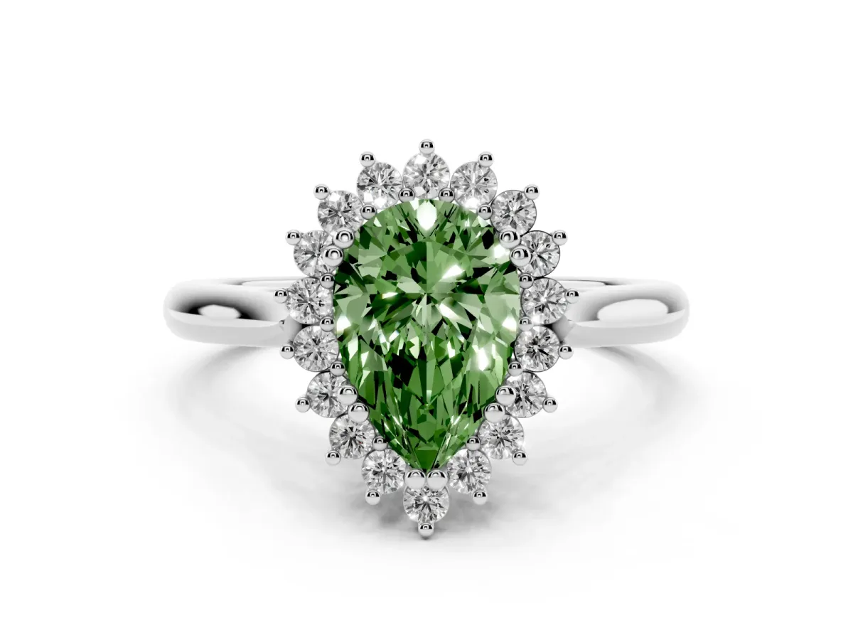 Fancy Green Pear Cut Cut Diamond Halo Ring with Solitaire Band and Prong Setting Platinum