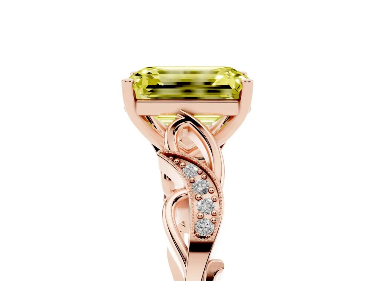 Fancy Yellow Emerald Cut Solitaire Vine Band with Milgrain Prong Setting Rose gold