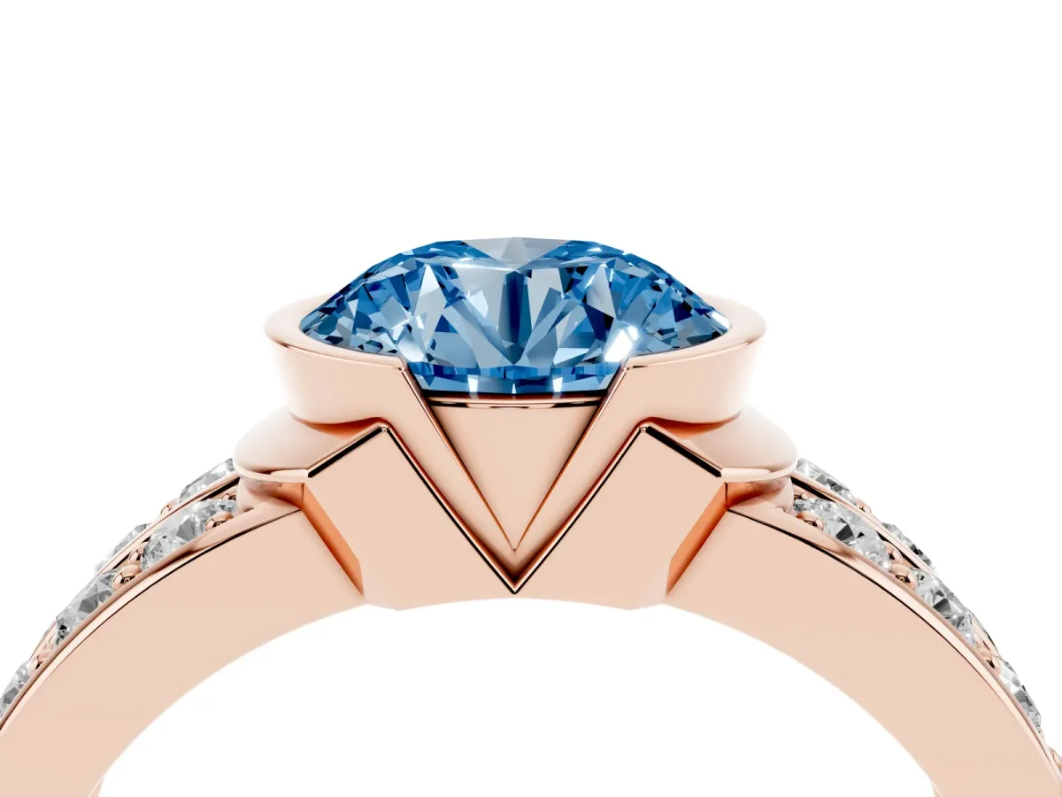 Fancy Blue Round Cut Brilliant Diamond Channel Set Wide Band Ring with Bezel Setting Rose gold