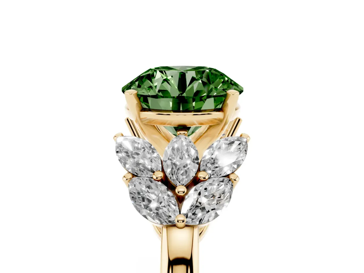 Fancy Green Round Cut Diamond Cluster Leaf Design Ring with Prong Setting Yellow gold