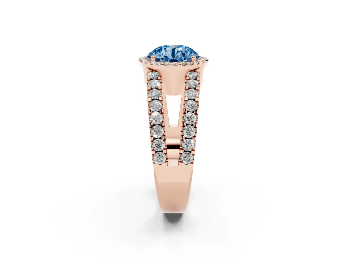 Fancy Blue Round Cut Cut Halo Split Shank Diamond Ring with Four-Prong Setting Rose gold