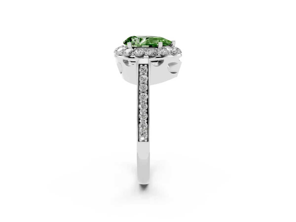 Fancy Green Pear Cut Diamond Floral Halo Ring with Pavé Band and Prong Setting White gold