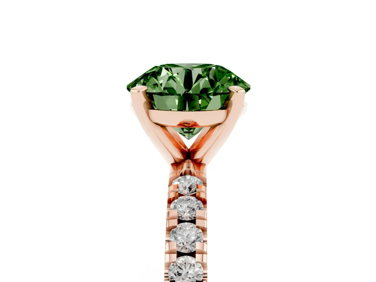 Fancy Green Round Cut Diamond Pavé Band Solitaire with Four-Prong Setting Rose gold