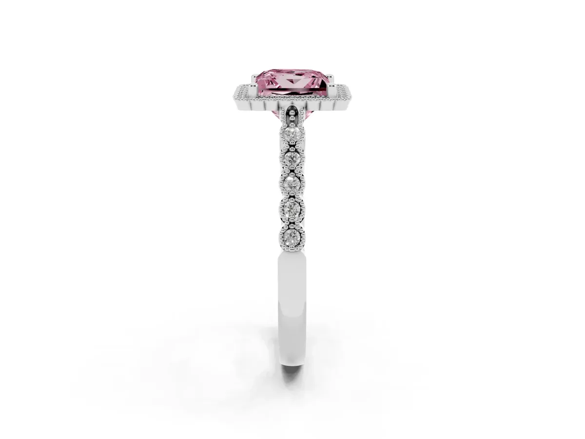 Fancy Pink Princess Cut Cut Halo Pavé Solitaire Ring with Milgrain Band White gold
