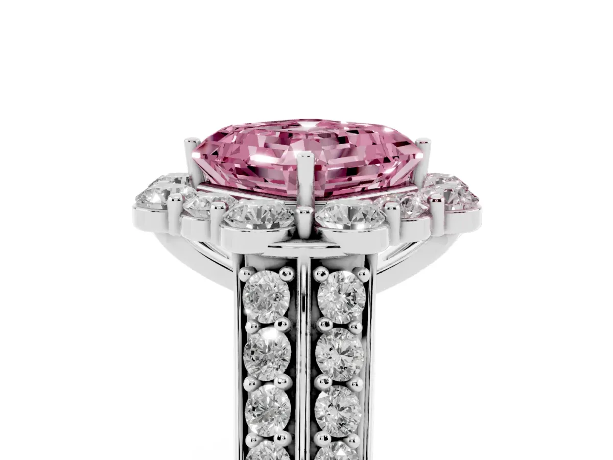 Fancy Pink Asscher Cut Halo Diamond Engagement Ring with Split Shank and Prong Setting Silver