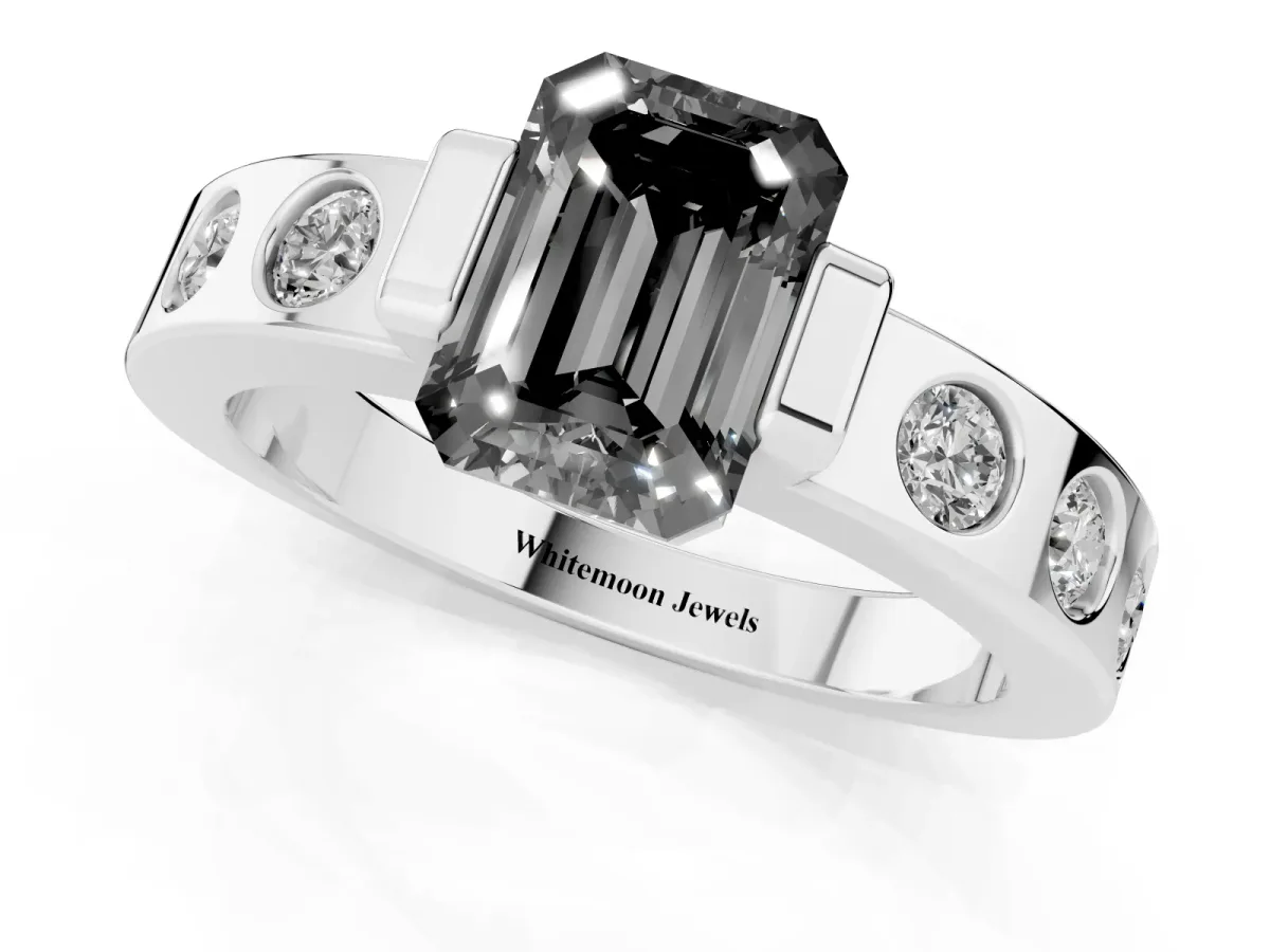 Fancy Black Emerald Cut Brilliant Channel-Set Diamond Ring with Bezel Prong Setting Platinum