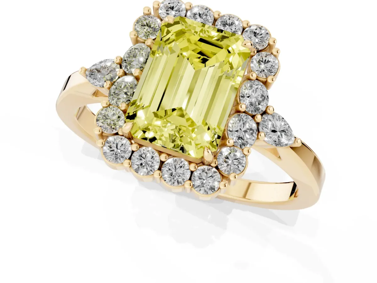 Fancy Yellow Emerald Cut Diamond Halo Ring with Pear Side Stones and Prong Setting Yellow gold