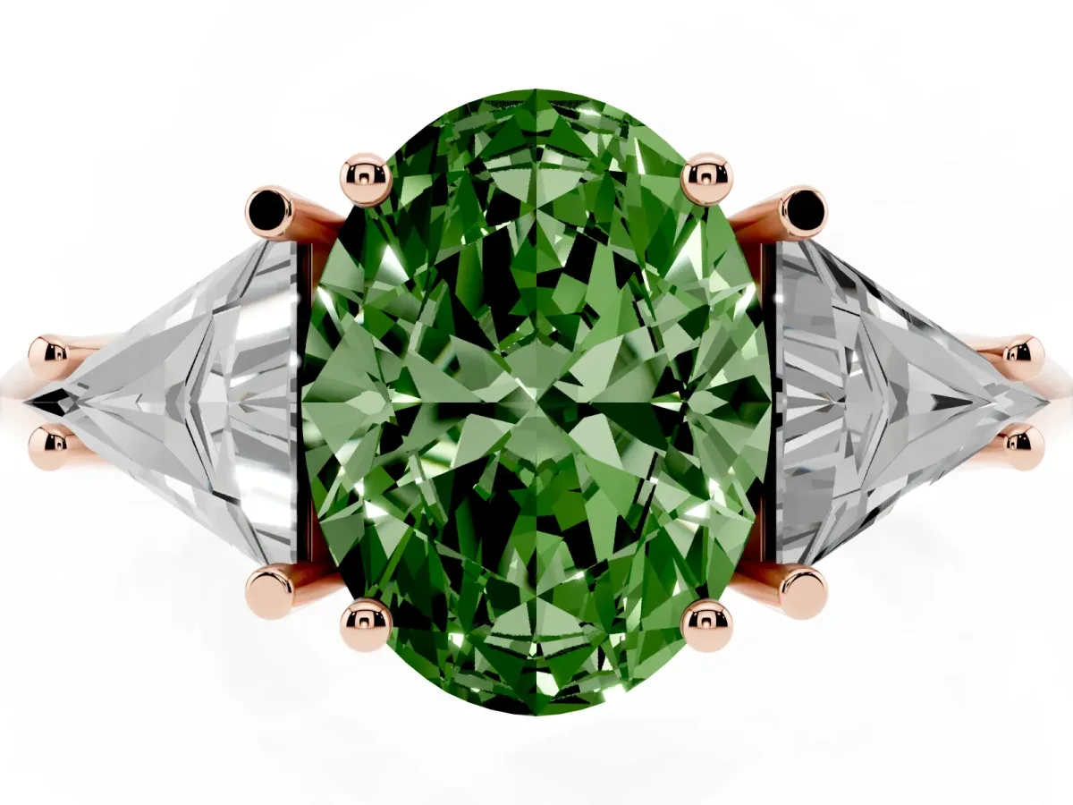 Fancy Green Three-Stone Oval Cut Diamond Engagement Ring with Trillion Side Stones and Prong Setting Rose gold