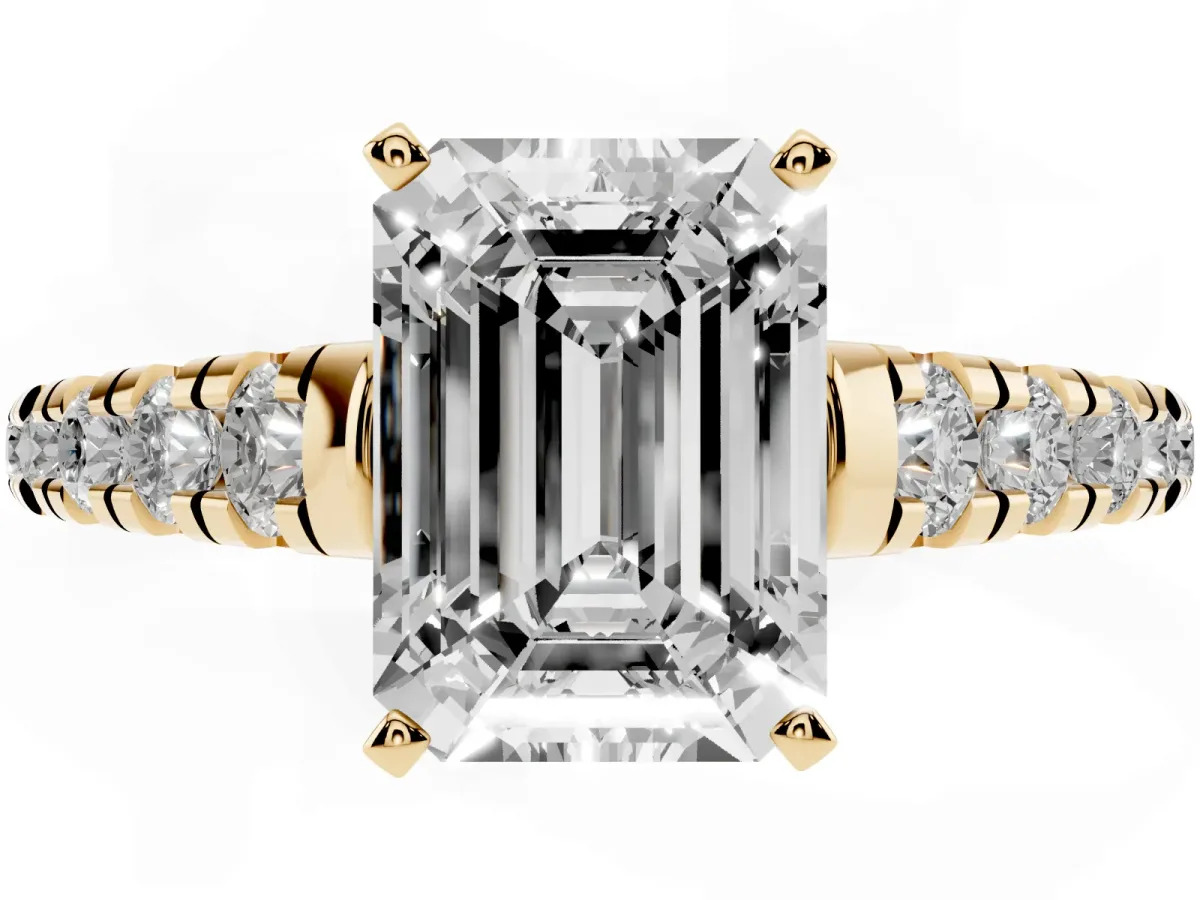 Emerald Cut Diamond Cathedral Solitaire Ring with Round Pavé Band Yellow gold