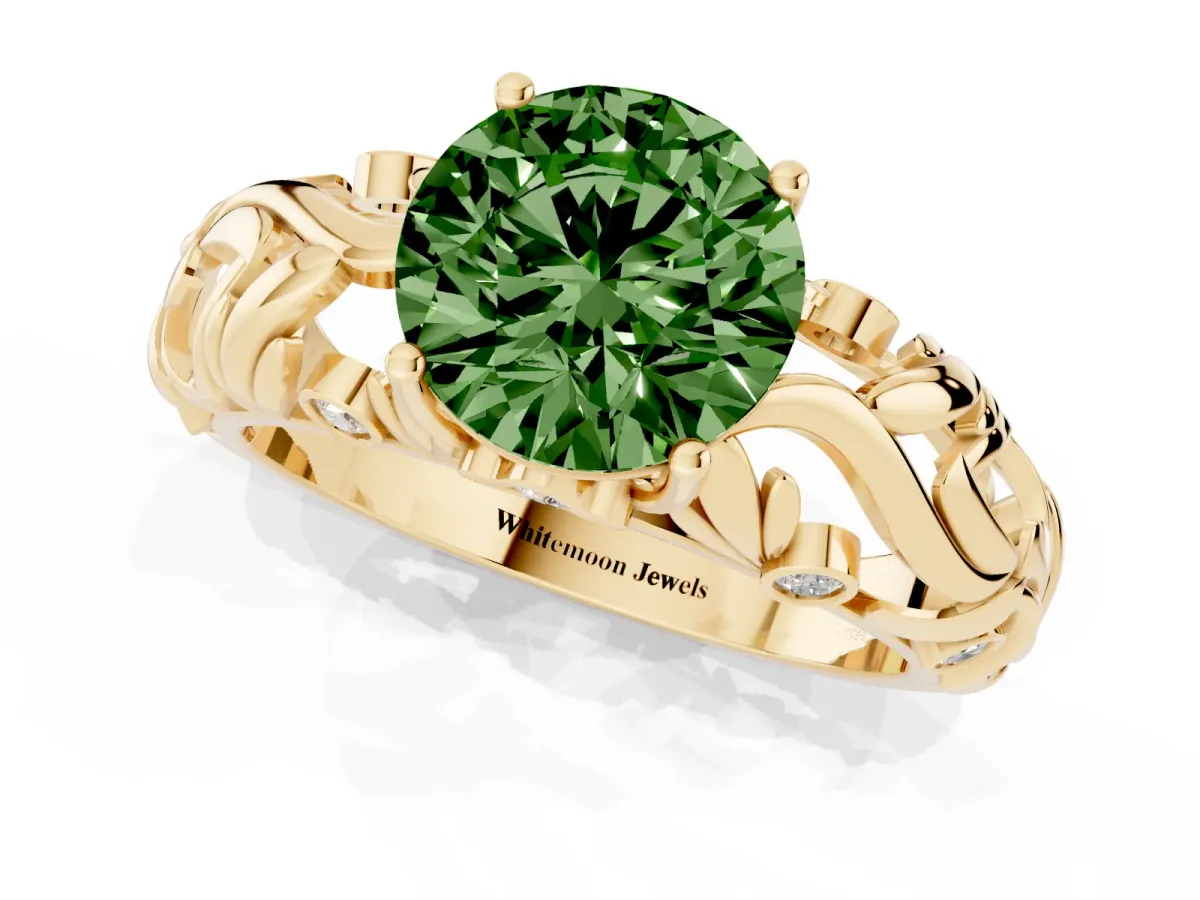 Fancy Green Round Cut Solitaire Diamond Leaf-Inspired Vine Band Ring with Prong Setting Yellow gold