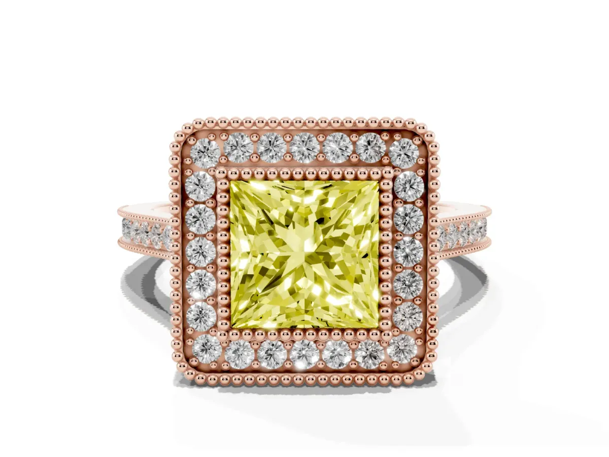 Fancy Yellow Princess Cut Diamond Halo Ring with Milgrain Frame and Pavé Band Rose gold