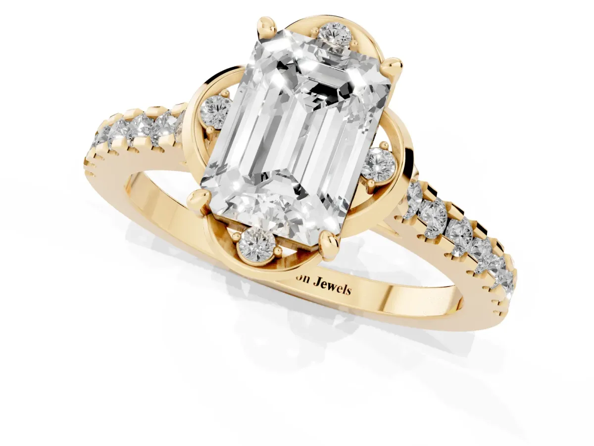 Emerald Cut Diamond Ring with Pavé Band and Floral Prong Setting Yellow gold