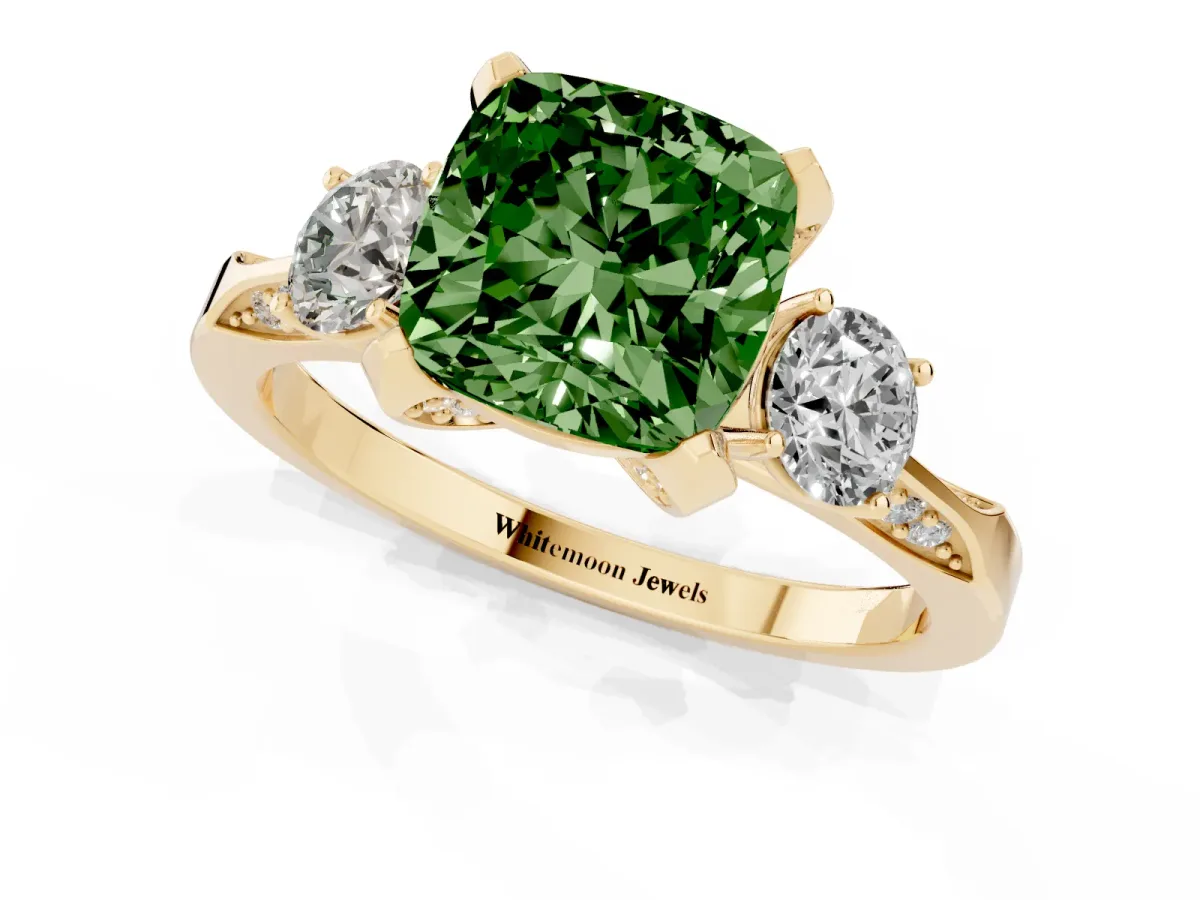 Fancy Green Cushion Cut Brilliant Three-Stone Diamond Ring with Pavé Band and Four-Prong Setting Yellow gold