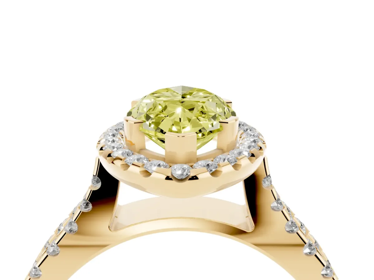 Fancy Yellow Marquise Cut Diamond Halo Ring with Split Shank Pavé Band and Prong Setting Yellow gold