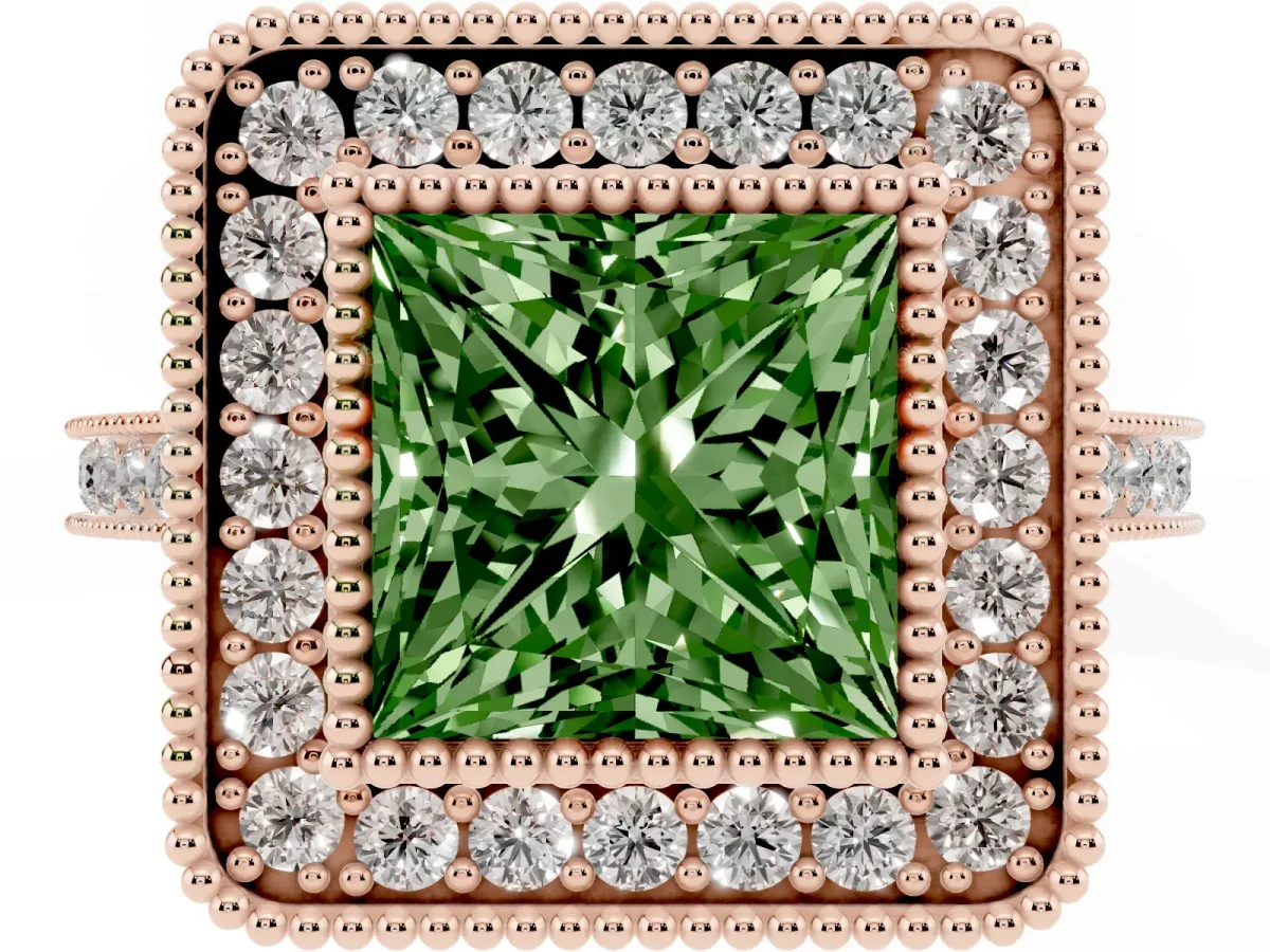 Fancy Green Princess Cut Diamond Halo Ring with Milgrain Frame and Pavé Band Rose gold