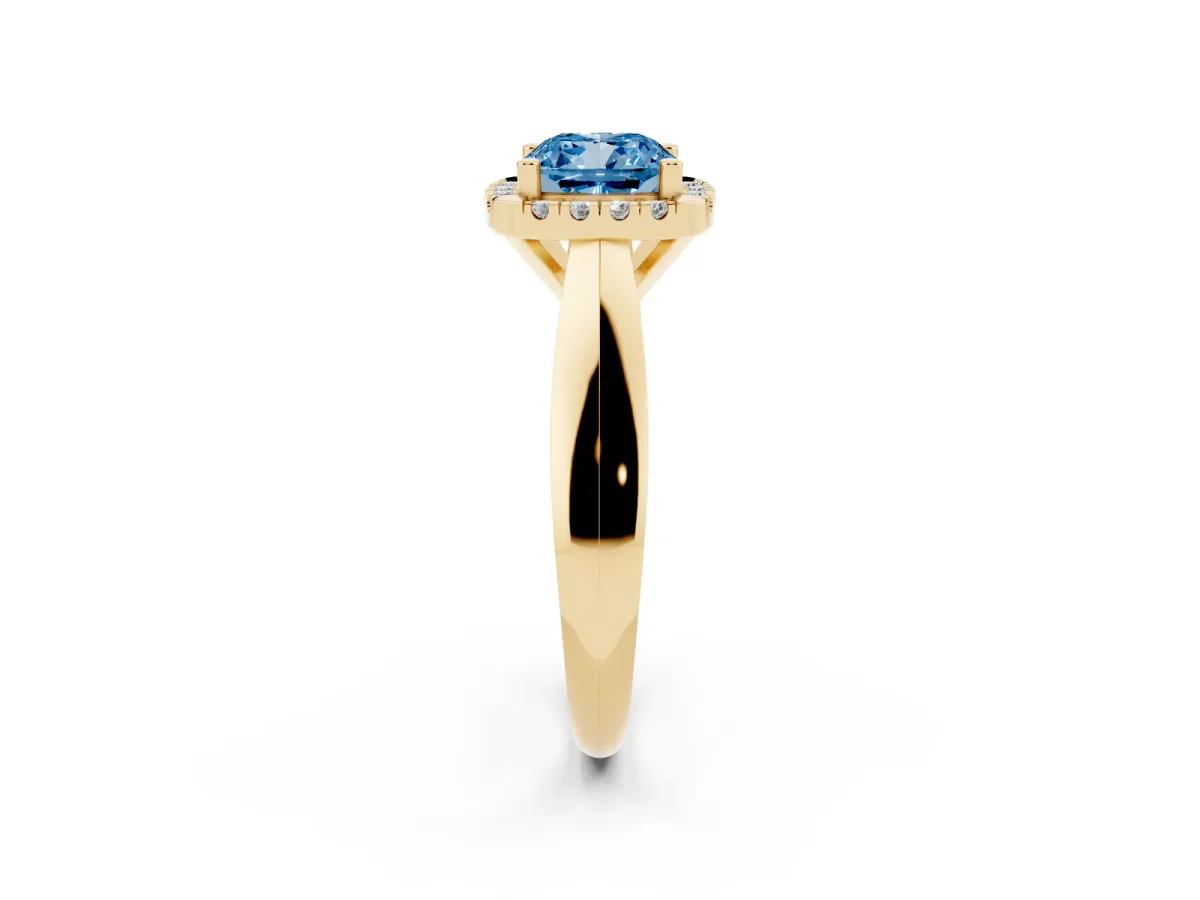 Fancy Blue Cushion Cut Cut Halo Solitaire Engagement Ring with Square Band and Four-Prong Setting Yellow gold