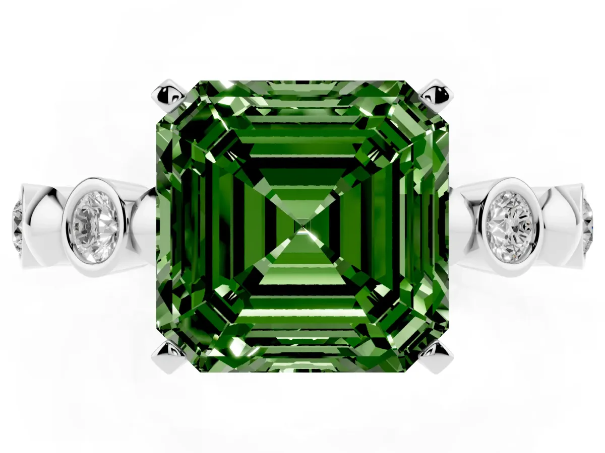 Fancy Green Asscher Cut Solitaire Bezel-Set Diamond Ring with Beaded Band and Four-Prong Setting Silver