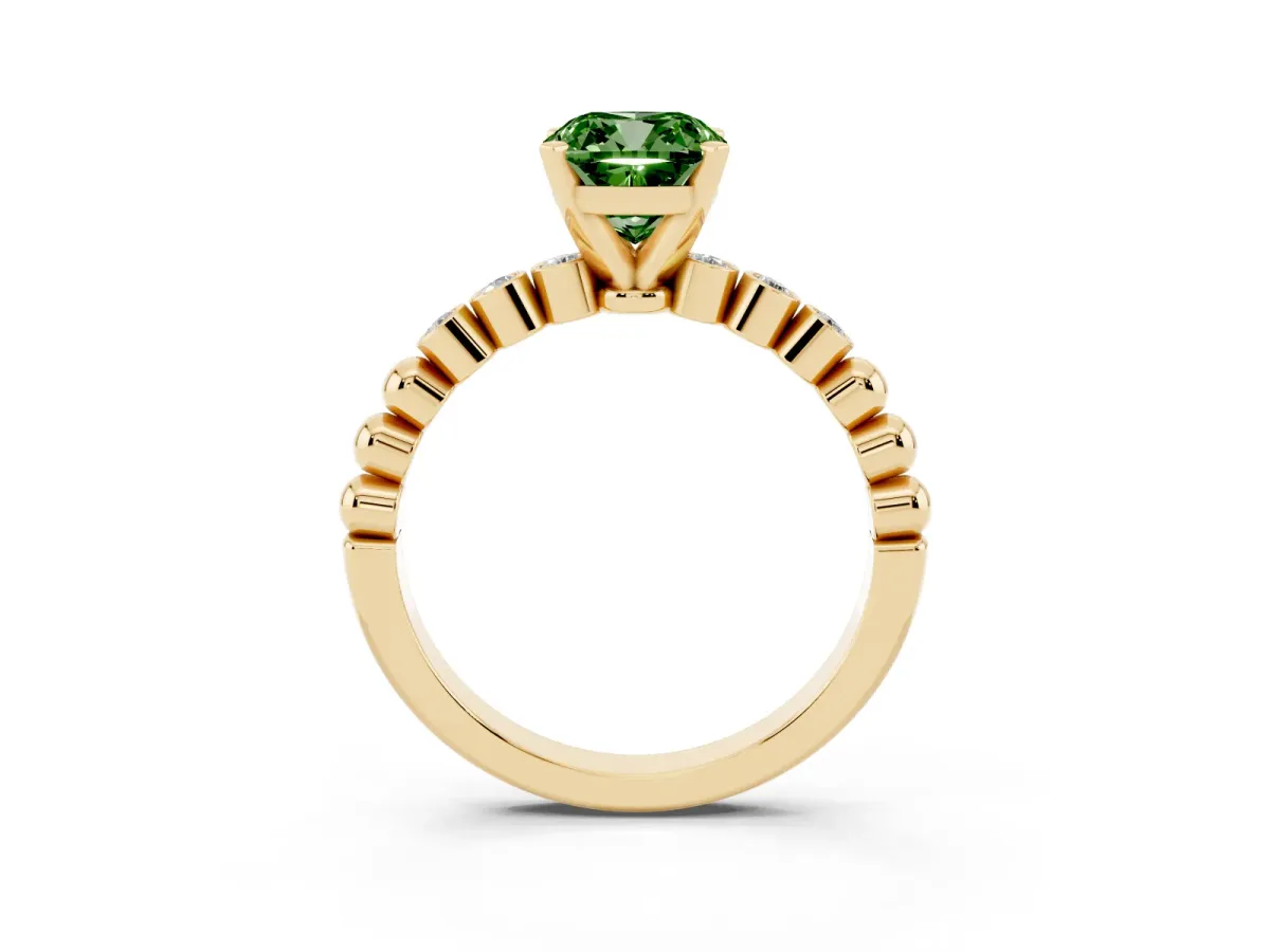 Fancy Green Cushion Cut Solitaire Bezel Accent Diamond Engagement Ring with Beaded Band and Four-Prong Setting Yellow gold