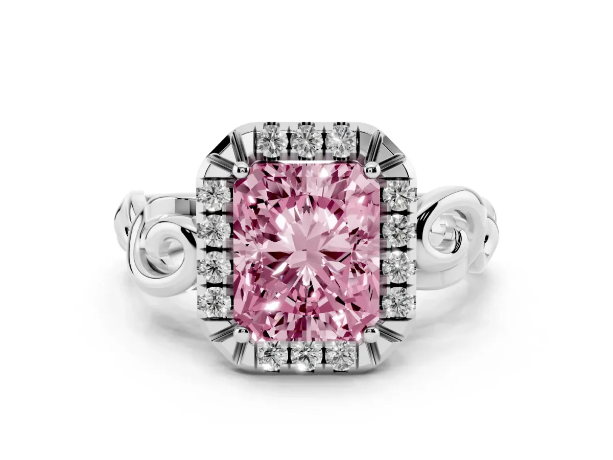 Fancy Pink Radiant Cut Cut Halo Diamond Ring with Scrollwork Band and Four-Prong Setting Silver