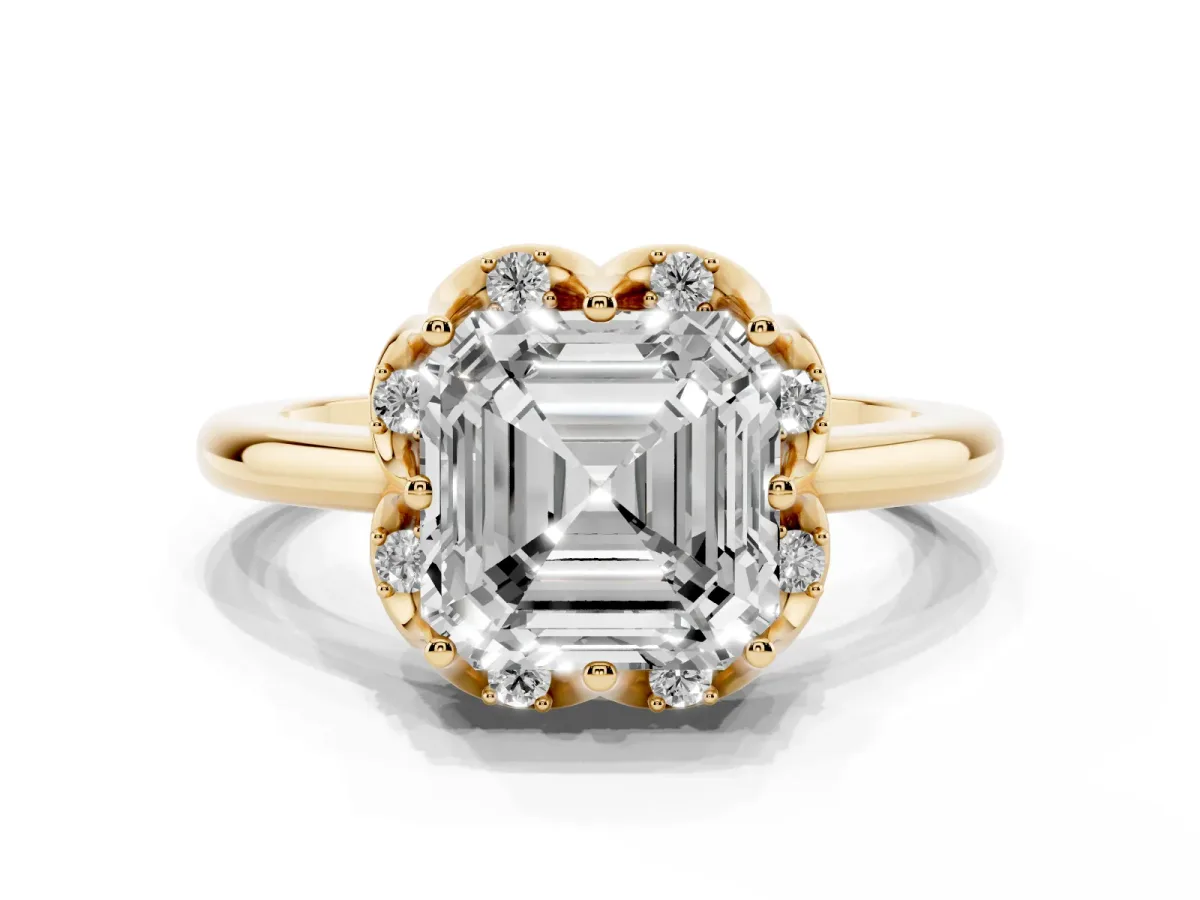 Asscher Cut Halo Diamond Ring with Round Cluster Setting, Solitaire Band, and Four-Prong Setting Yellow gold