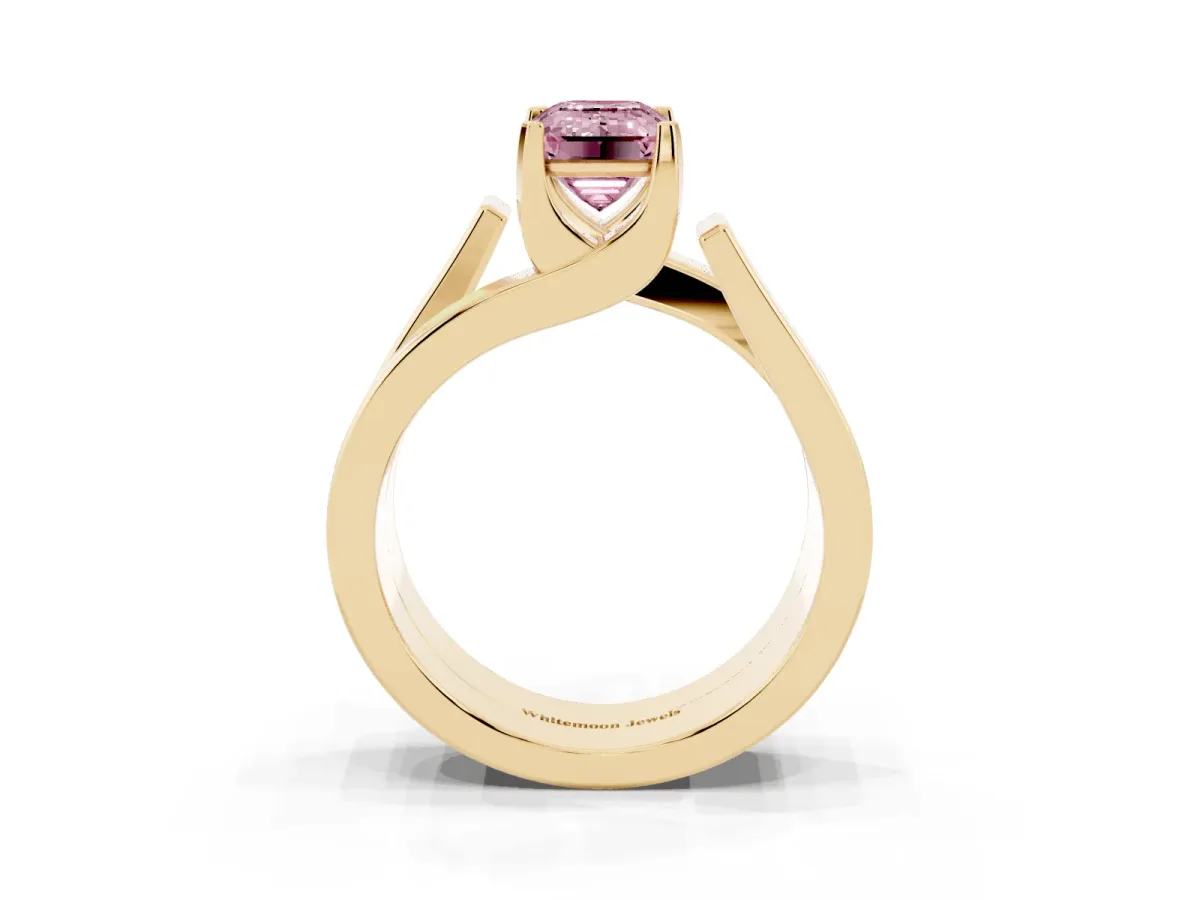 Fancy Pink Modern Tension Set Emerald Cut Diamond Solitaire Wide Band Ring Yellow gold