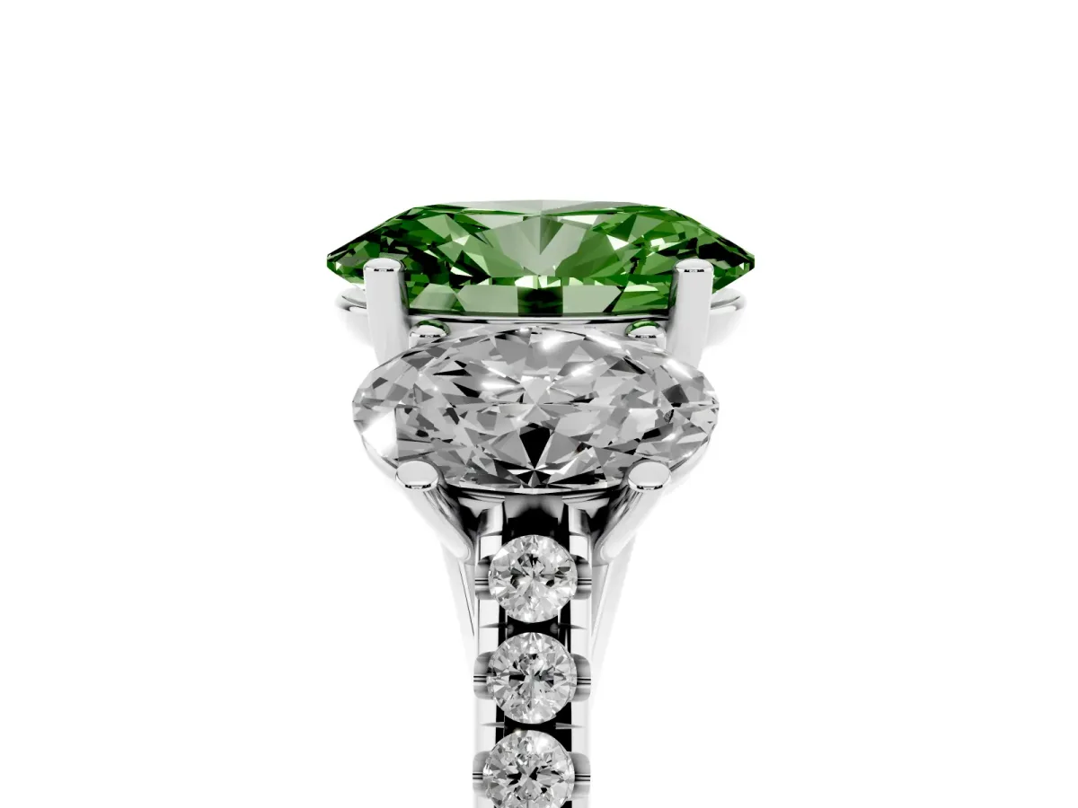 Fancy Green Three-Stone Oval Cut Diamond Ring with Round Pavé Band and Prong Setting Silver
