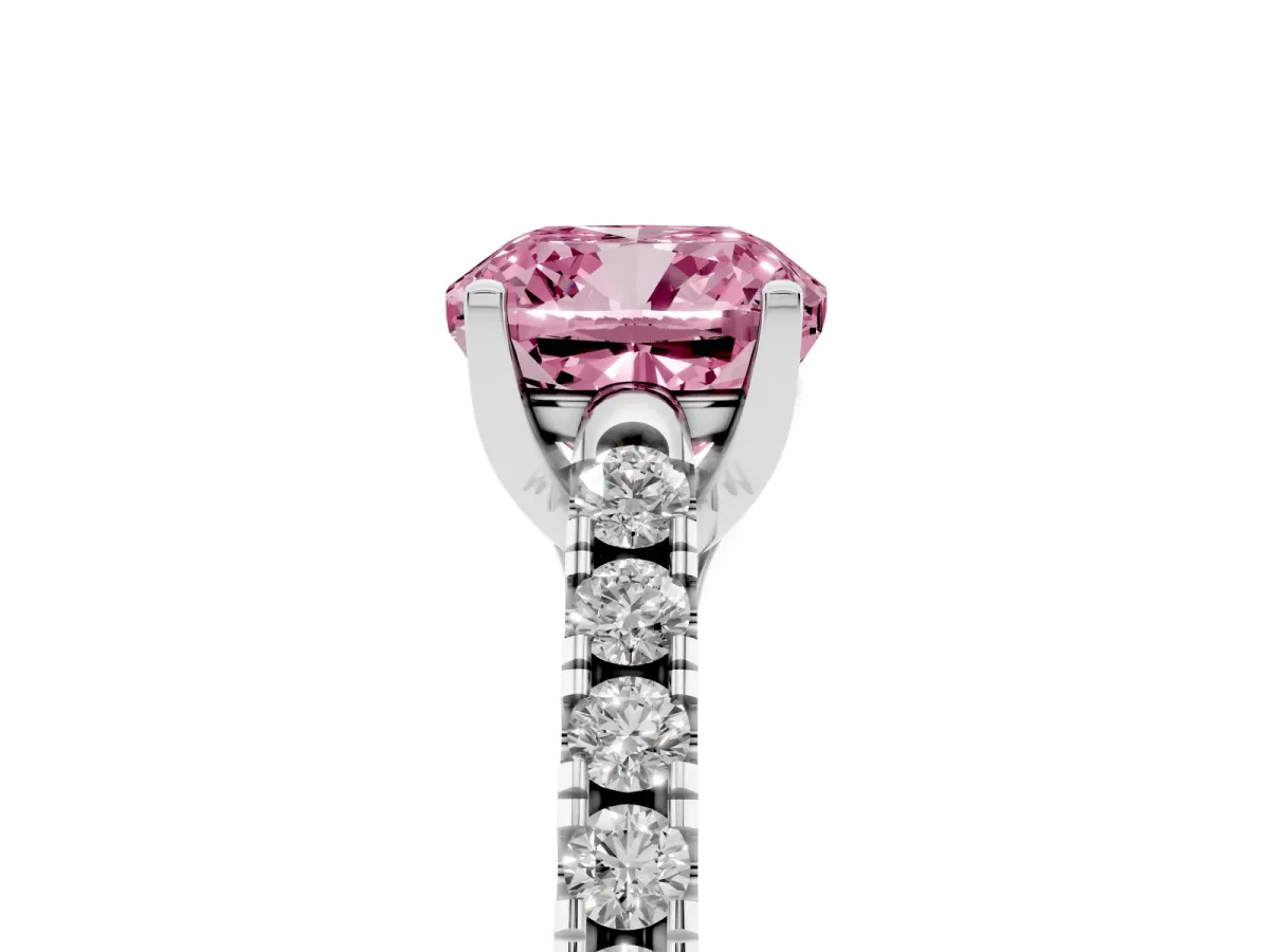 Fancy Pink Cushion Cut Diamond Pavé Band Solitaire Ring with Prong Setting Silver