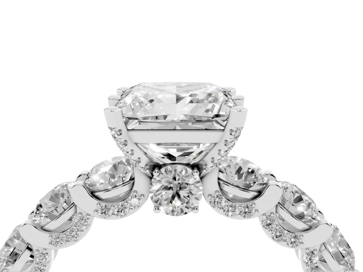 Princess Cut Diamond Side Stone Engagement Ring with Four-Prong Setting Silver