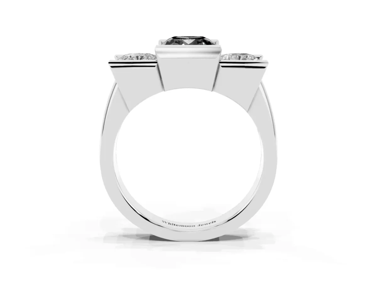 Fancy Black Three Stone Cushion Cut Cut Channel Set Diamond Ring Platinum