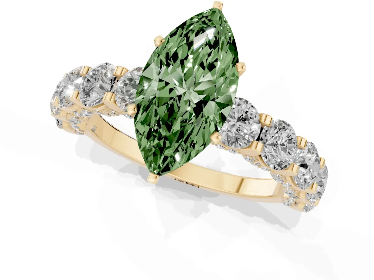 Fancy Green Marquise Cut Diamond Side Stone Engagement Ring with Four-Prong Setting Yellow gold