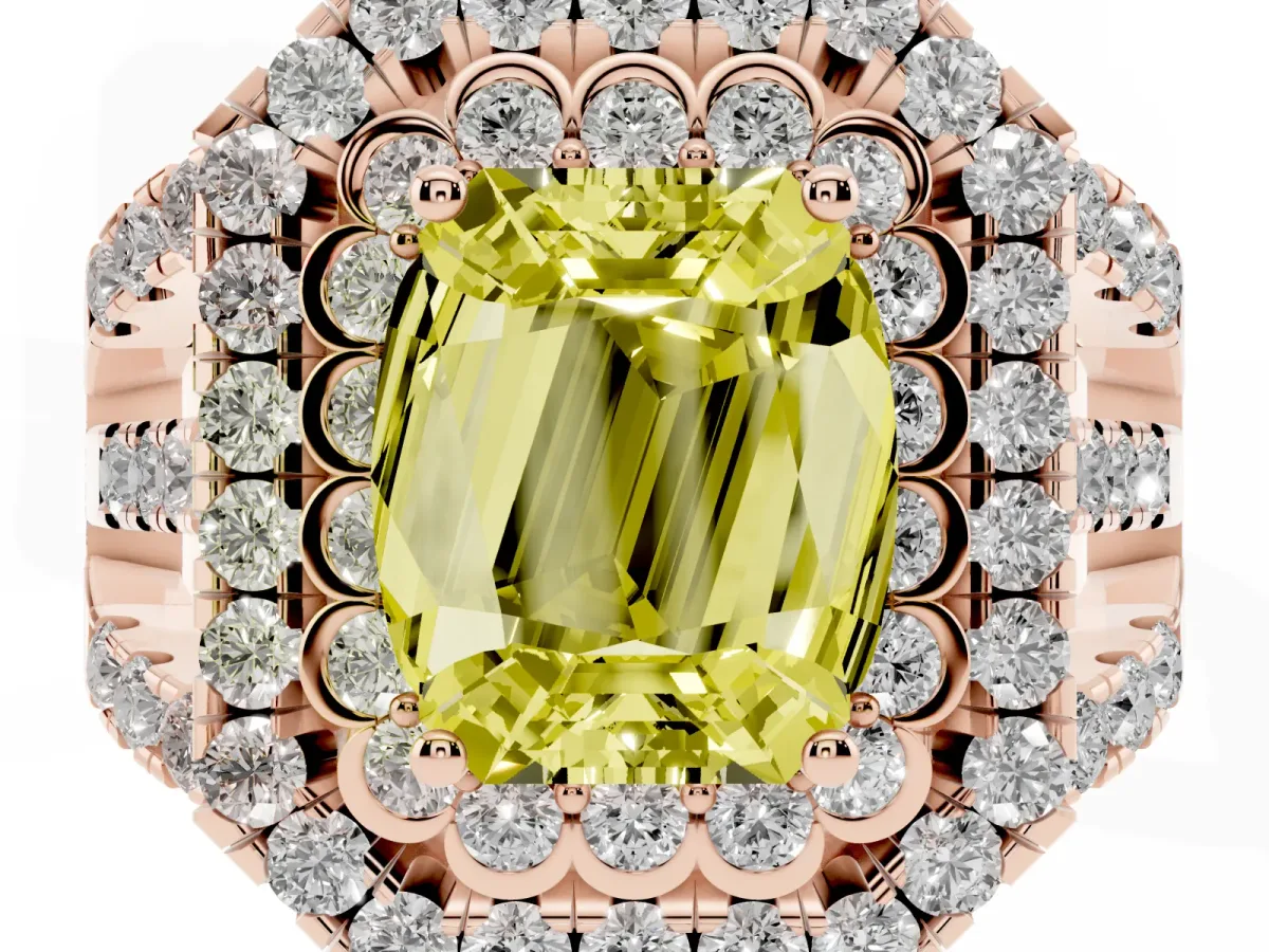 Fancy Yellow Emerald Cut Diamond Double Halo Ring with Round Pavé Split Shank and Prong Setting Rose gold