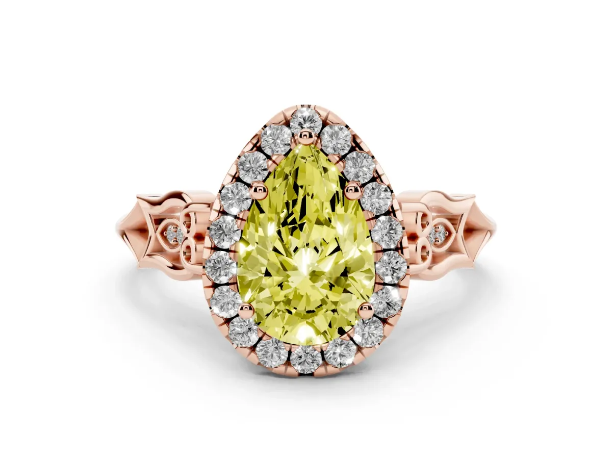 Fancy Yellow Pear Cut Halo Diamond Engagement Ring with Filigree Band and Four-Prong Setting Rose gold