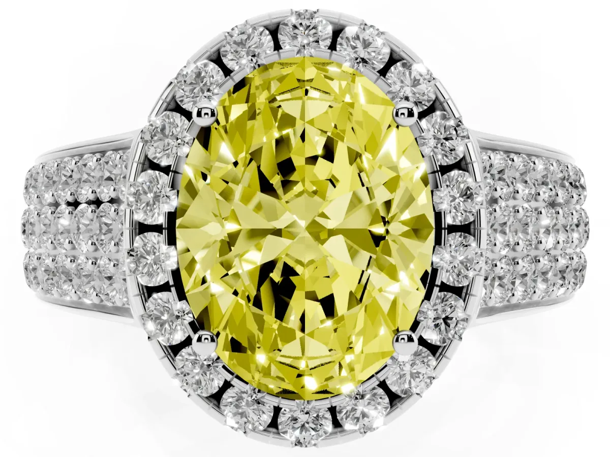 Fancy Yellow Oval Cut Halo Round Diamond Pave Band with Prong Setting Silver