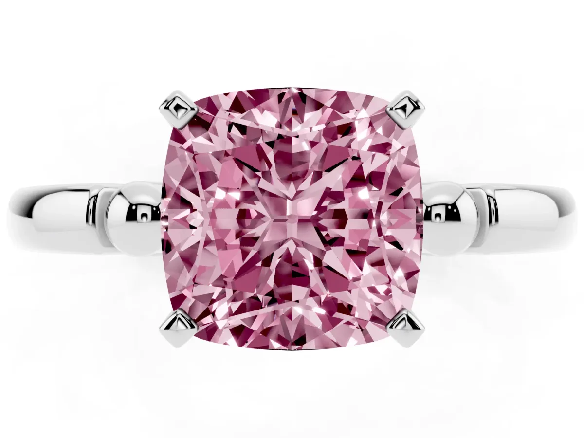Fancy Pink Cushion Cut Solitaire Beaded Band with Four-Prong Setting Platinum