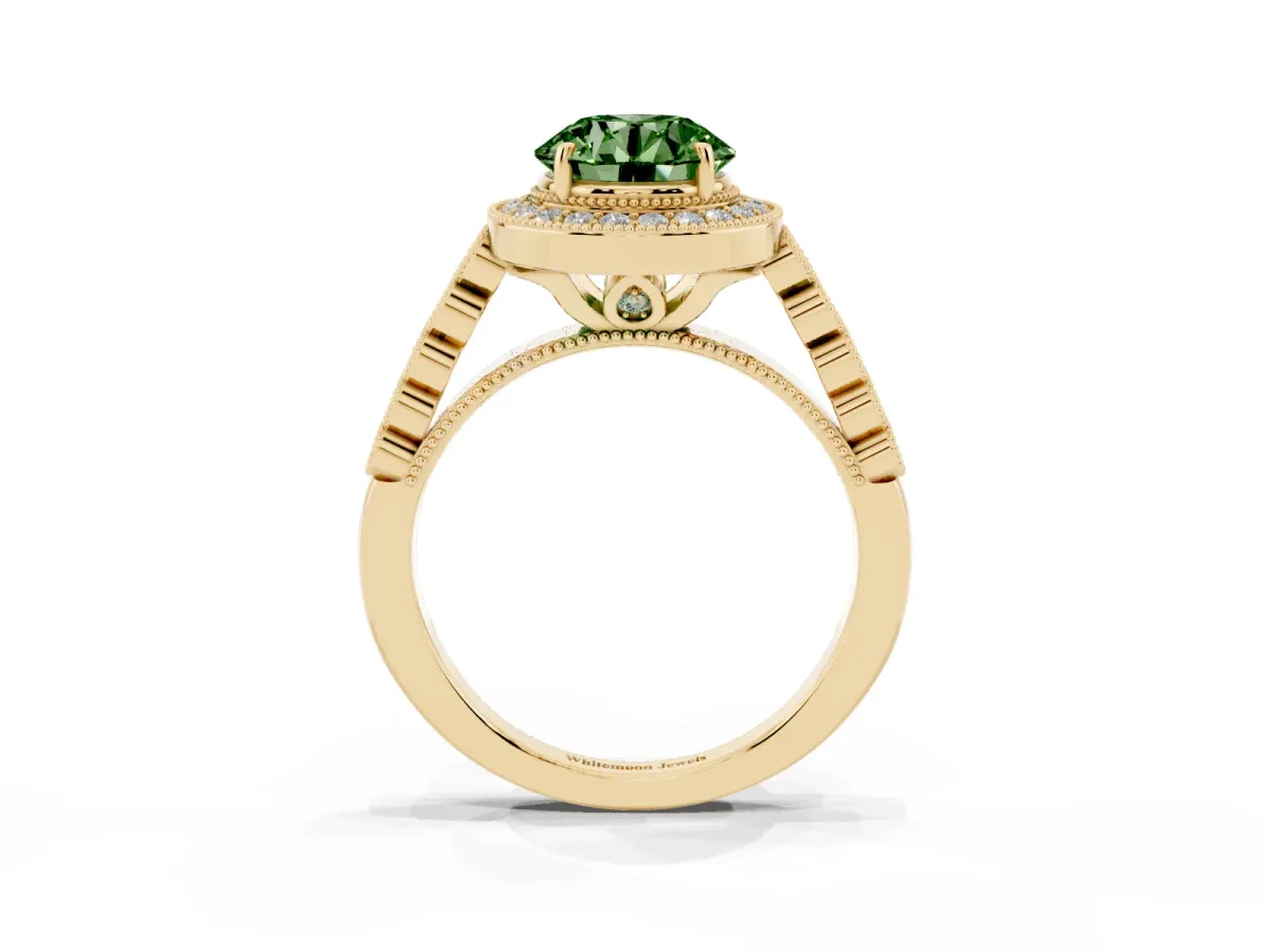 Fancy Green Round Cut Halo Milgrain Solitaire with Bezel Set Side Stones and Pave Band Yellow gold