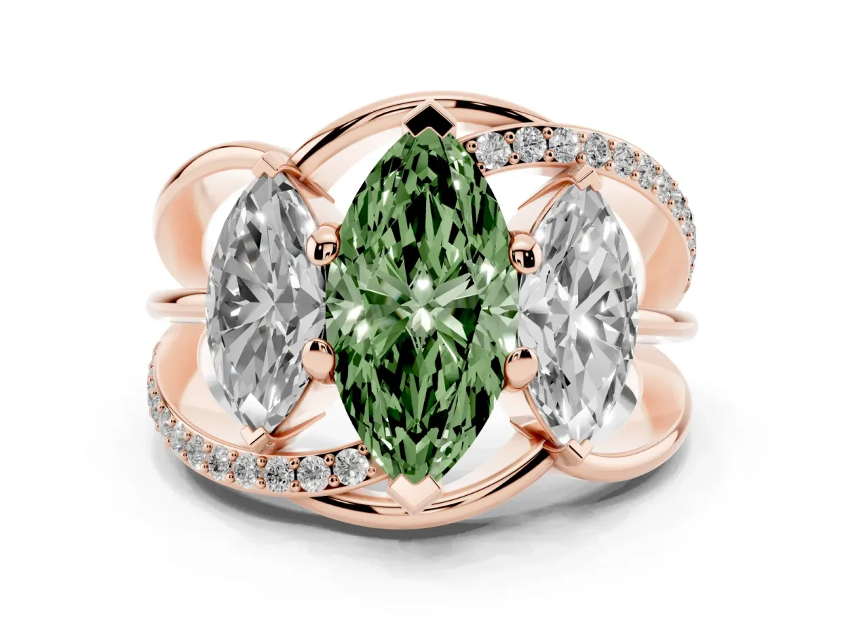 Fancy Green Three-Stone Marquise Cut Cut Diamond Split Shank Prong Set Ring Rose gold