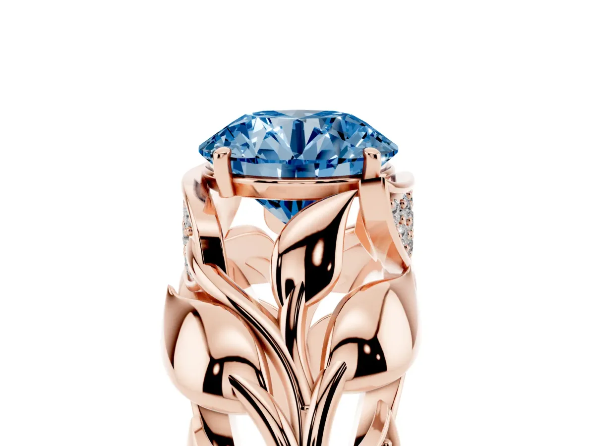 Fancy Blue Round Cut Diamond Leaf-Inspired Engagement Ring with Round Accents and Prong Setting Rose gold