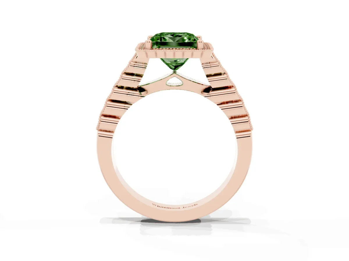 Fancy Green Princess Cut Cut Halo Pavé Solitaire Ring with Milgrain Band Rose gold